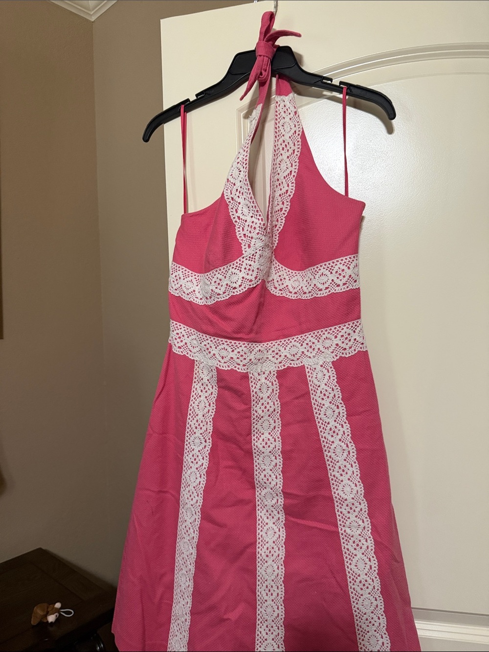 Fuchsia Halter Dress with White Lace Insets
